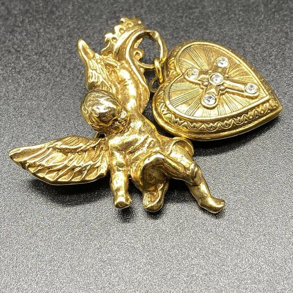 Vintage Vatican Library Collection Angel Cross Heart Locket Brooch Rhinestone - Picture 2 of 5